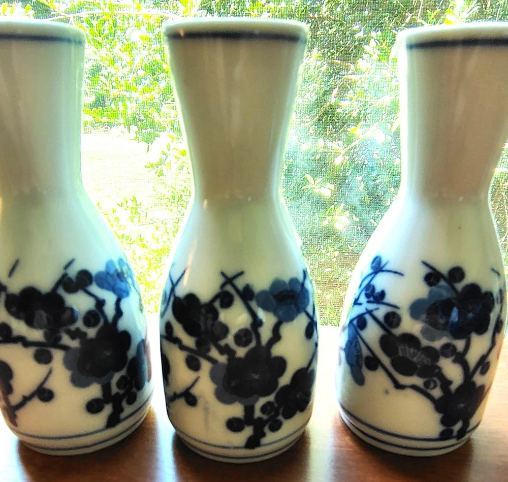 (3) Vtg Japanese Sake Bottle Decanter Vase Blue Porcelain Bamboo Cherry Blossoms